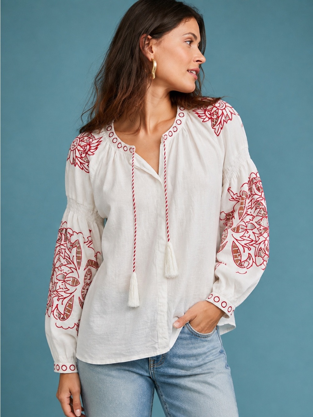 Anthropologie x RD + KOKO Linen blend Peasant Top